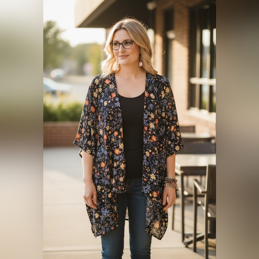 Time And Tru Women's Floral Layering Kimono Top One size New Layering Top Black
